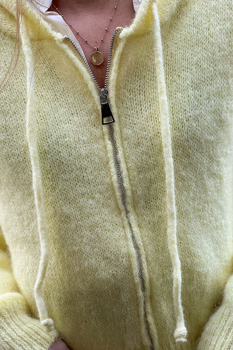 Butter Yellow Mohair Knit Zip-Front Hoodie