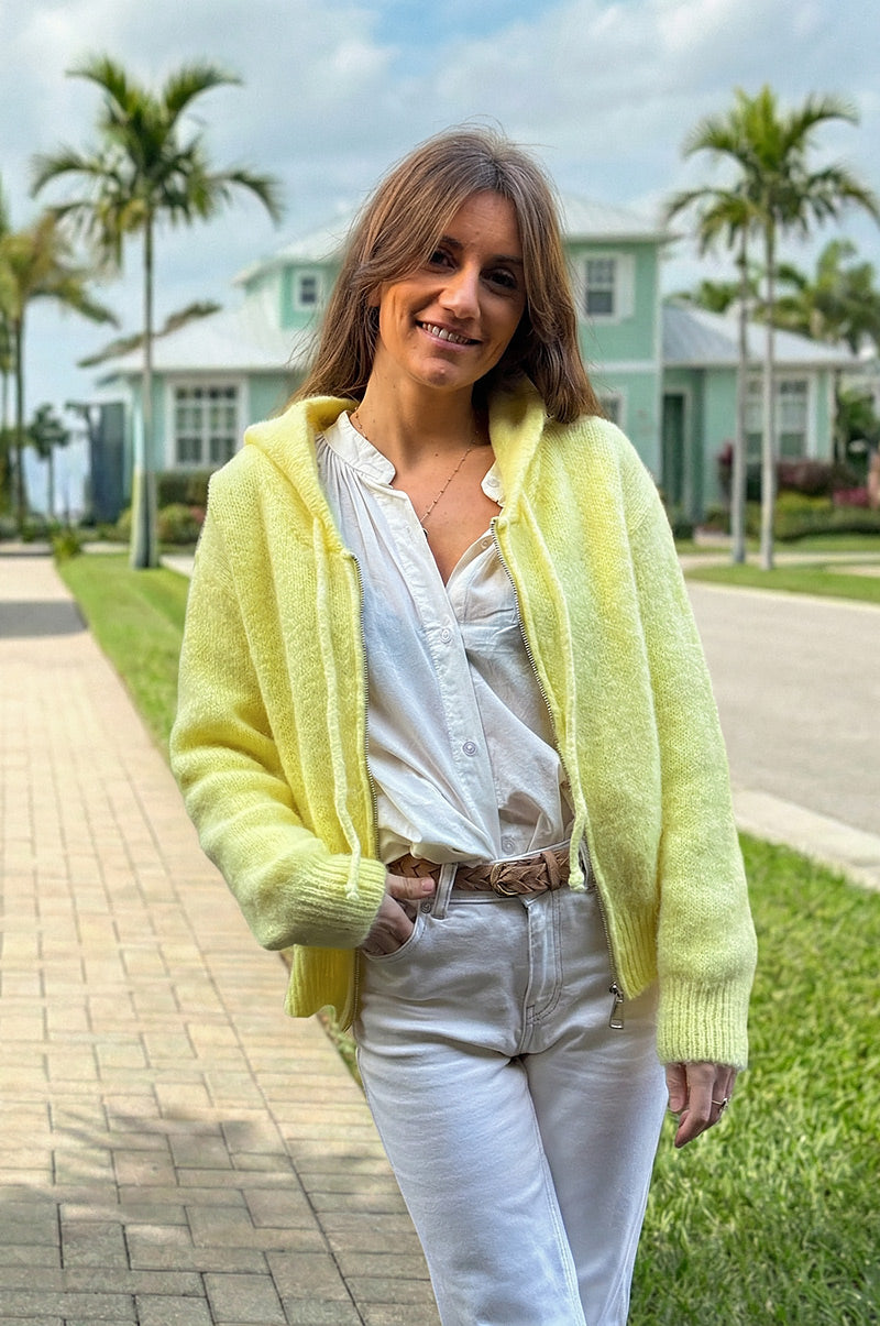 Butter Yellow Mohair Knit Zip-Front Hoodie