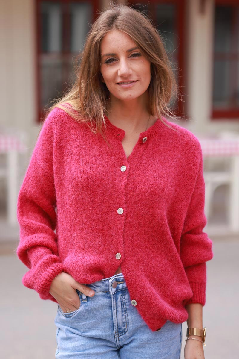 Raspberry Soft Knit Alpaca Wool Blend Cardigan