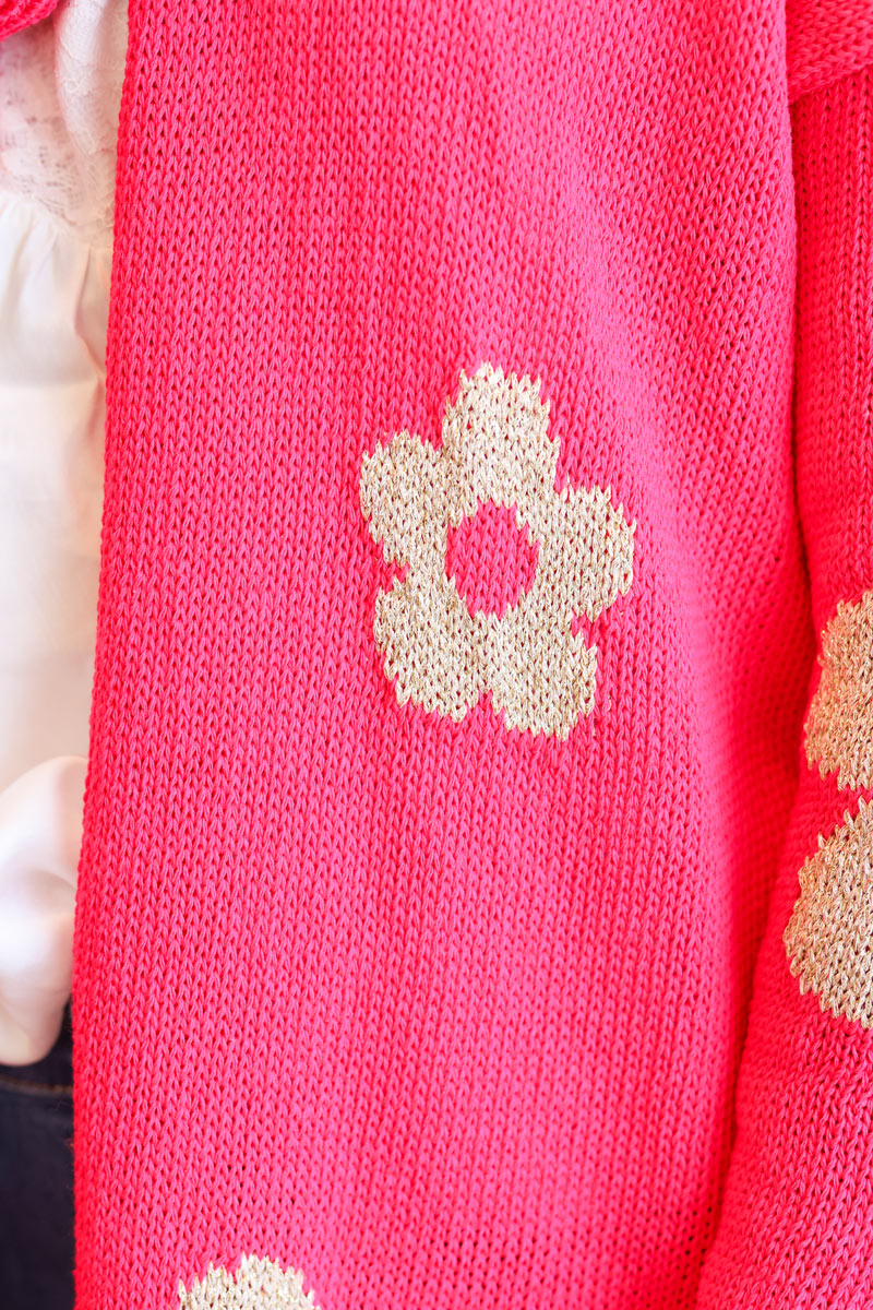 Fuchsia cotton knit cardigan with large gold flowers