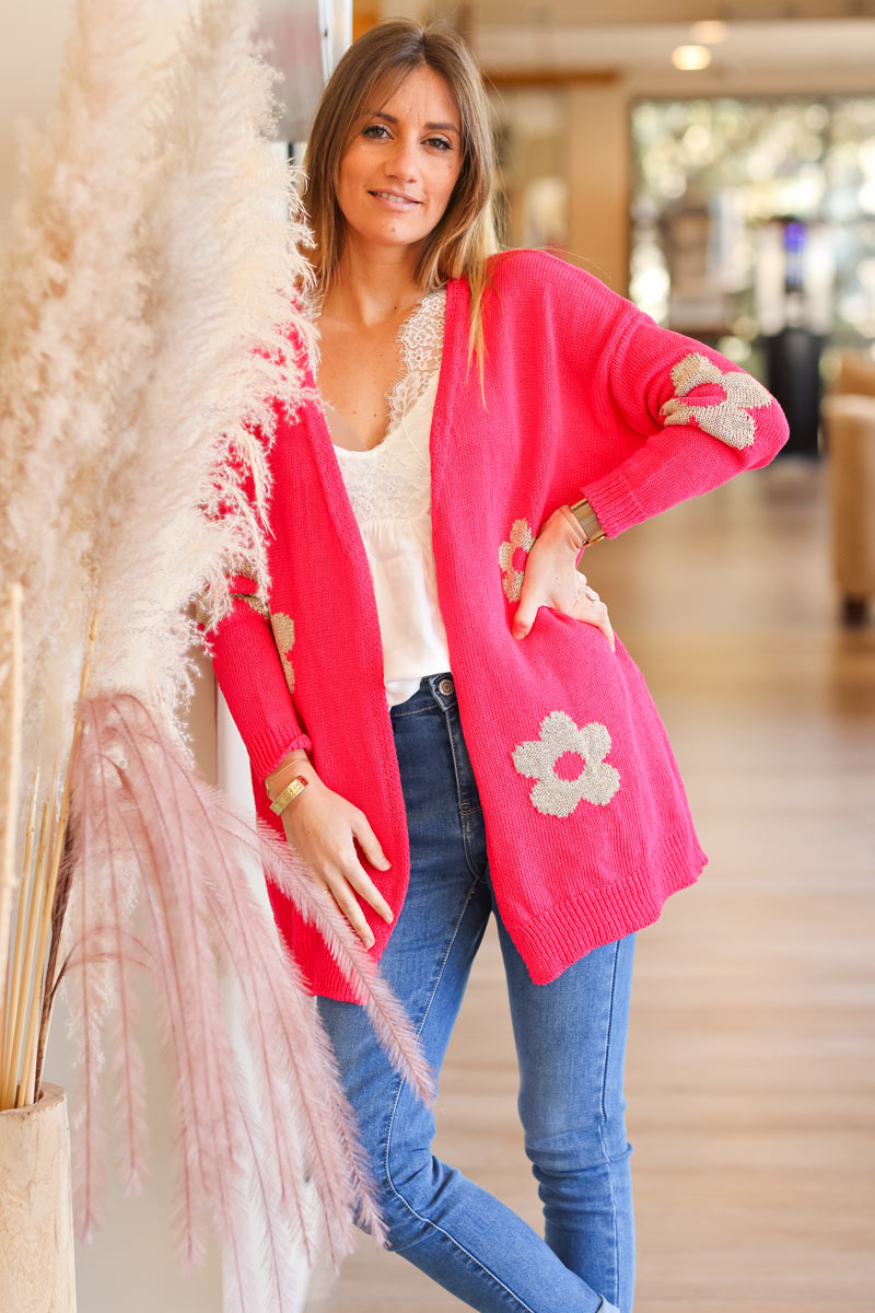 Fuchsia cotton knit cardigan with large gold flowers