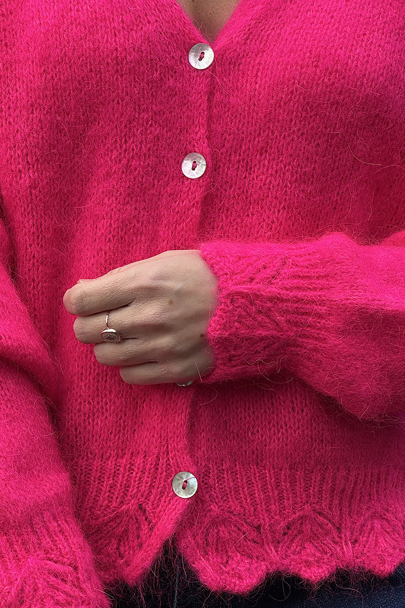 Fuchsia Pink Scalloped Hem Mohair Knit Cardigan