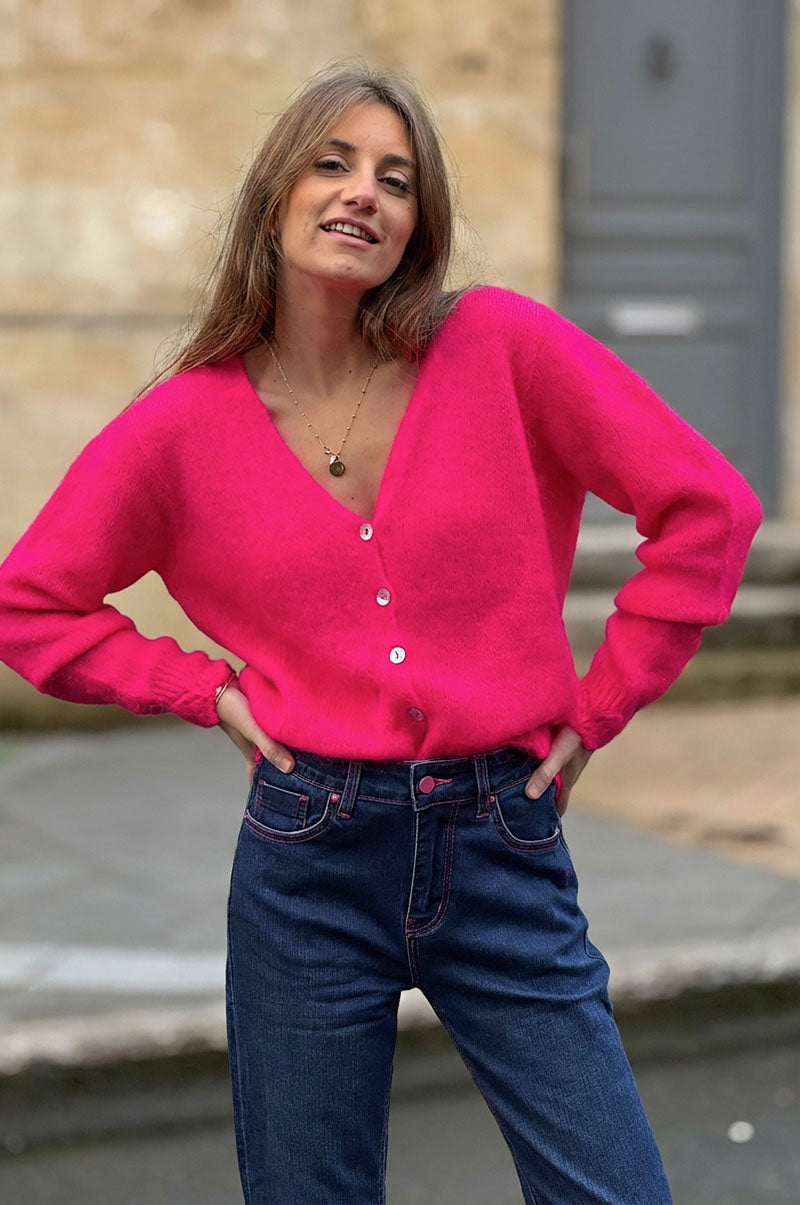 Fuchsia Pink Scalloped Hem Mohair Knit Cardigan