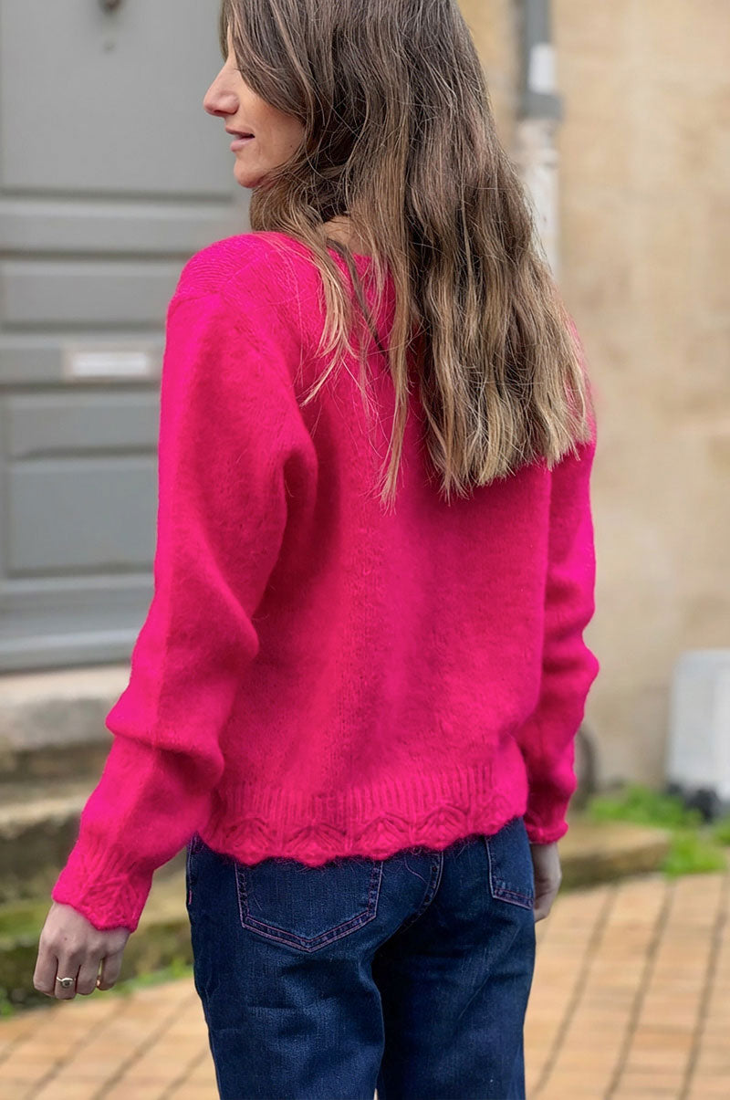 Fuchsia Pink Scalloped Hem Mohair Knit Cardigan