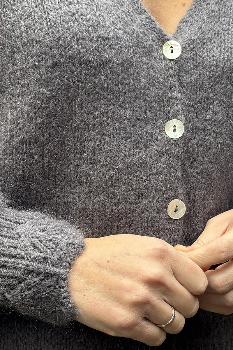 Dark Grey Scalloped Hem Mohair Knit Cardigan
