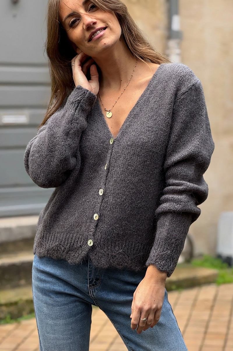 Dark Grey Scalloped Hem Mohair Knit Cardigan