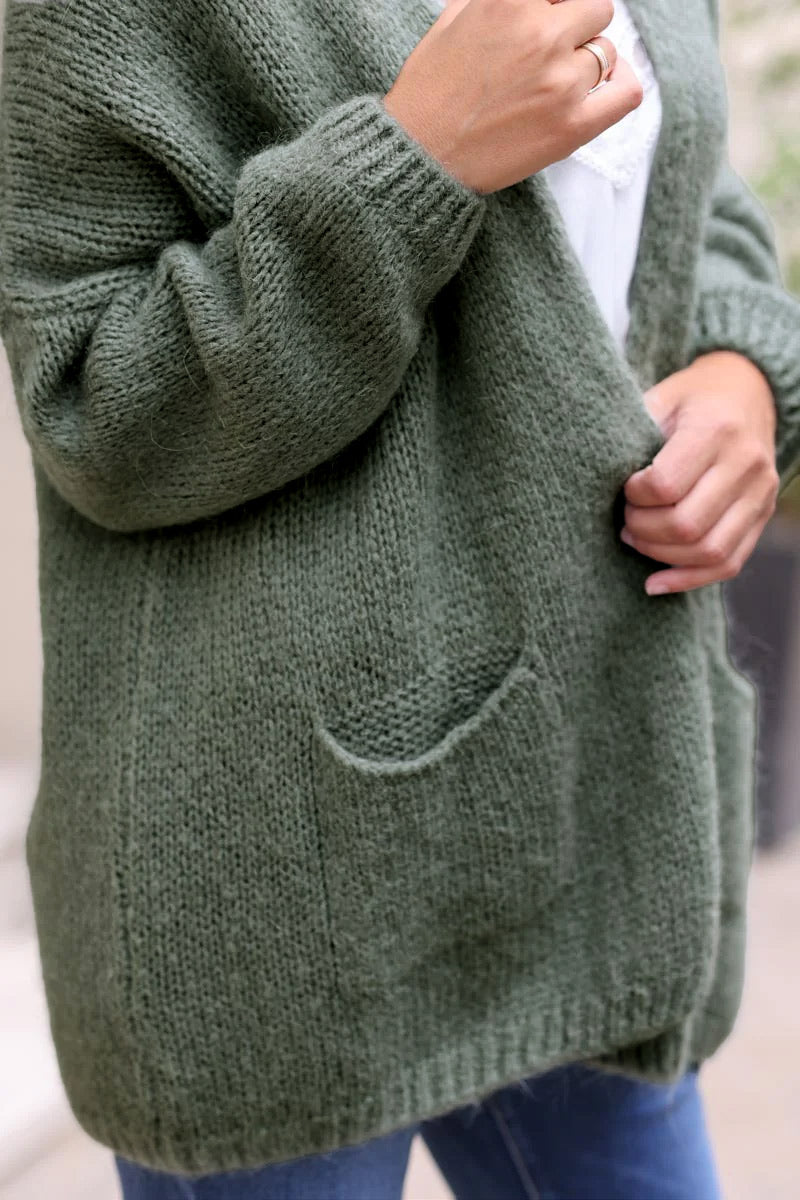 Khaki Cardigan with Wrap Around Collar