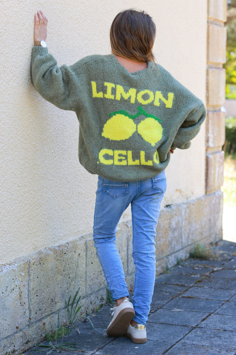 Khaki chunky knit cardigan with lemon 'limoncello' back pattern