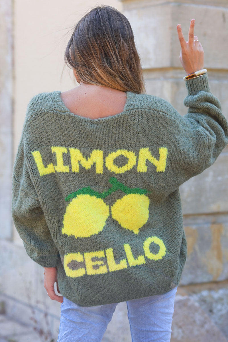 Khaki chunky knit cardigan with lemon 'limoncello' back pattern