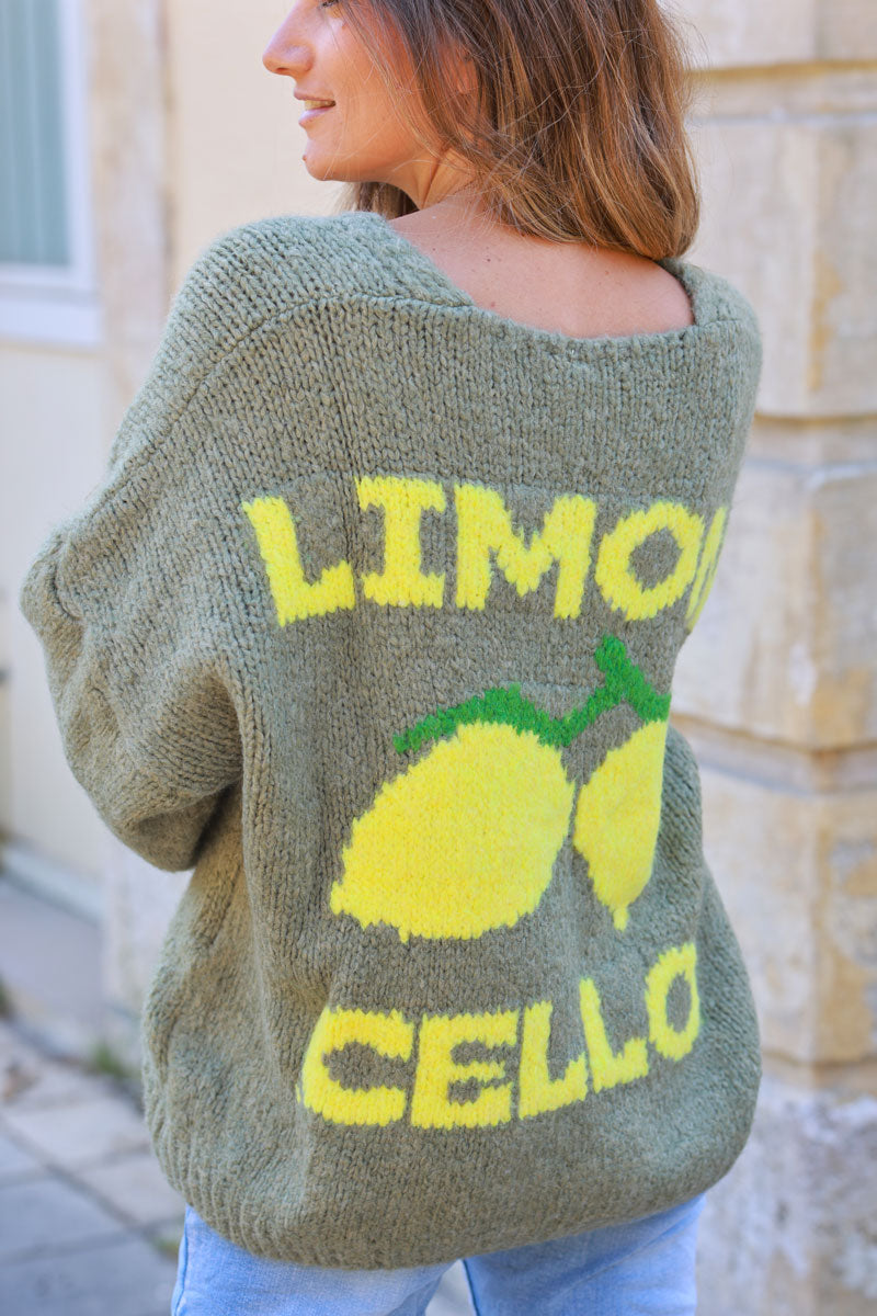 Khaki chunky knit cardigan with lemon 'limoncello' back pattern