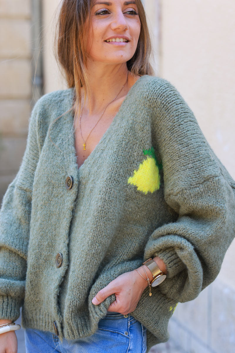 Khaki chunky knit cardigan with lemon 'limoncello' back pattern