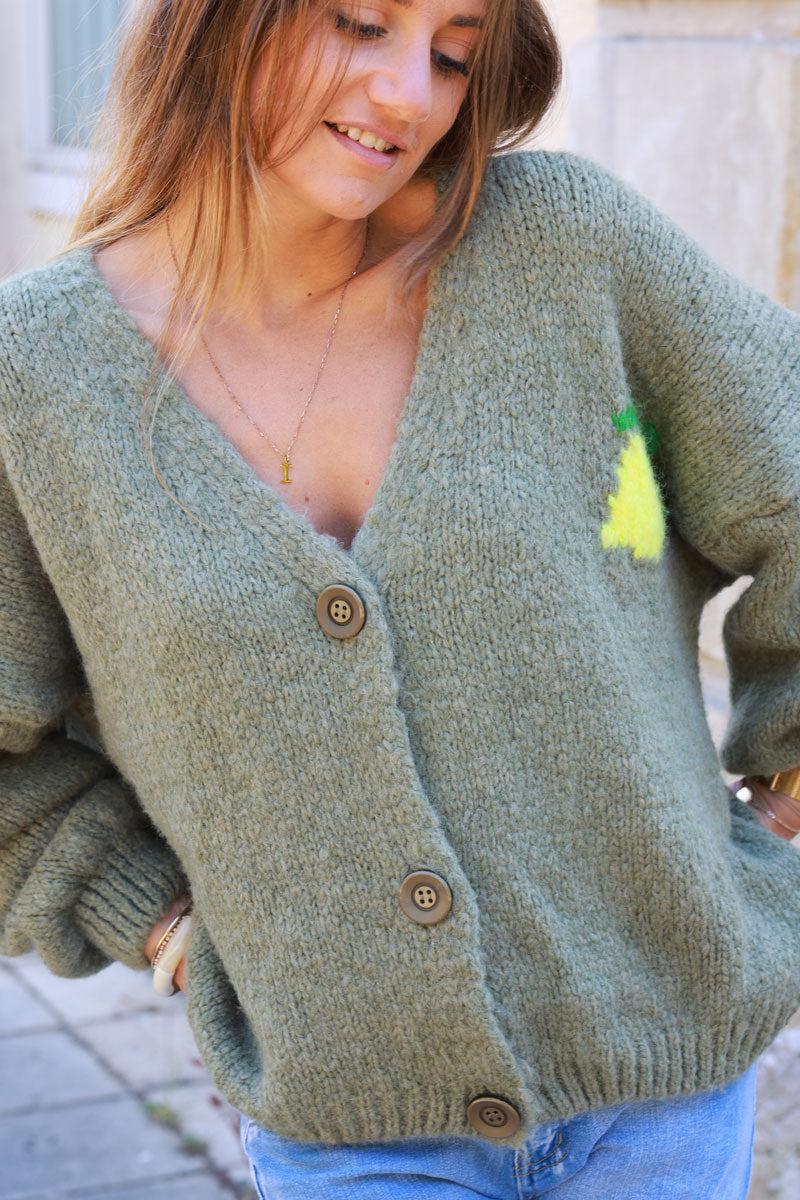 Khaki chunky knit cardigan with lemon 'limoncello' back pattern