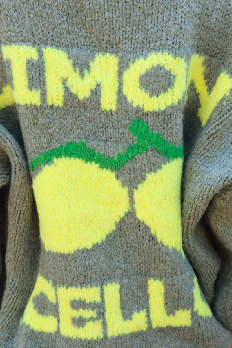 Khaki chunky knit cardigan with lemon 'limoncello' back pattern