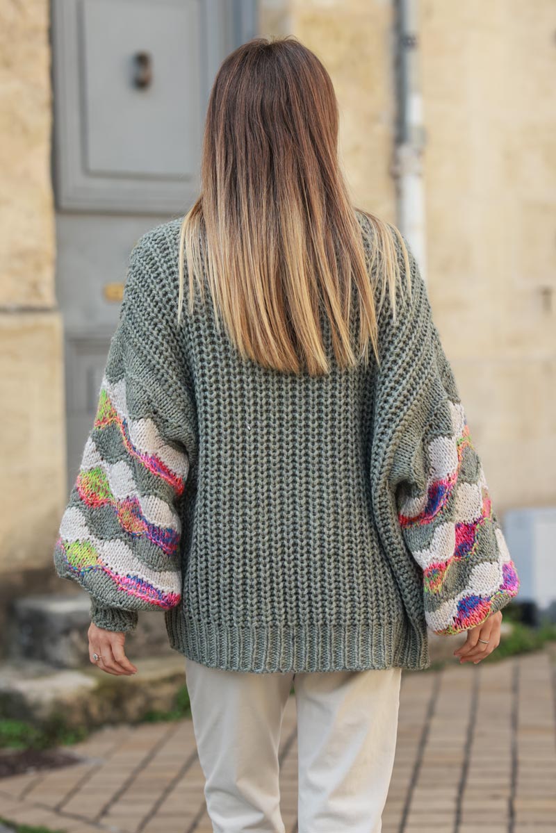 Khaki cunky knit cardigan with colorful balloon sleeves