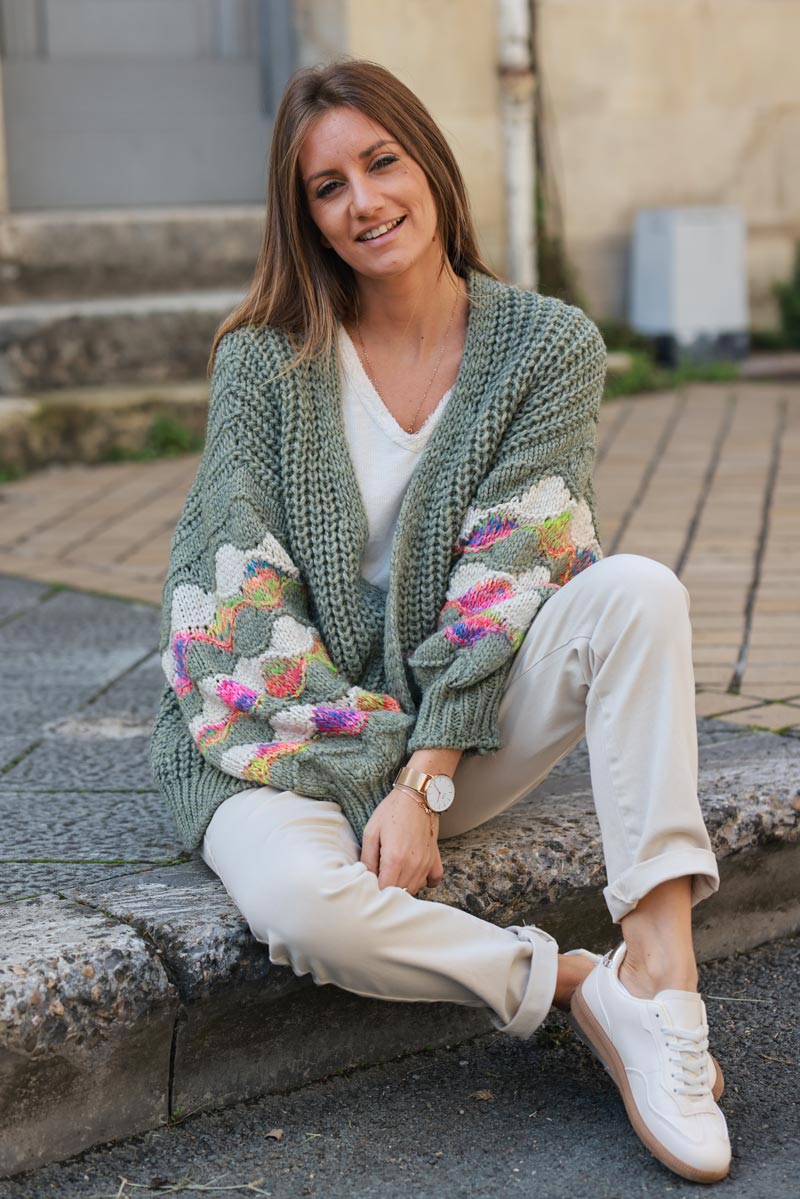 Khaki cunky knit cardigan with colorful balloon sleeves