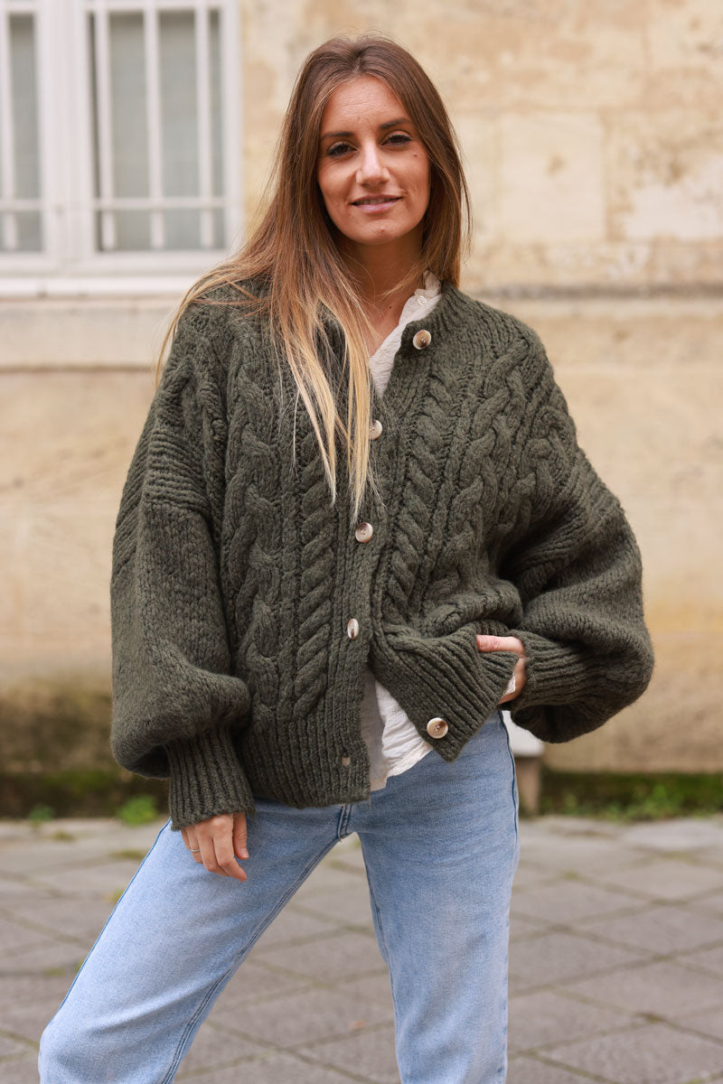 Olive Chunky Cable Knit Cardigan