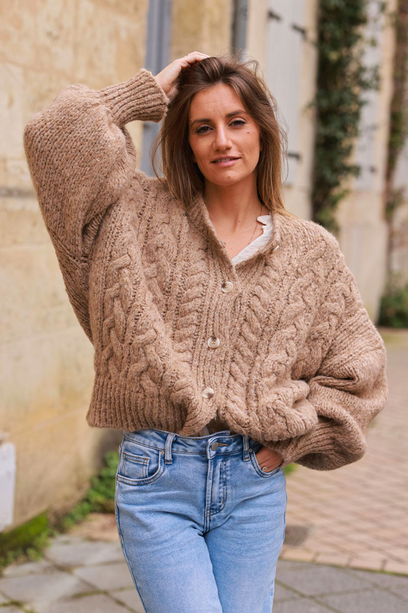 Brown Chunky Cable Knit Cardigan