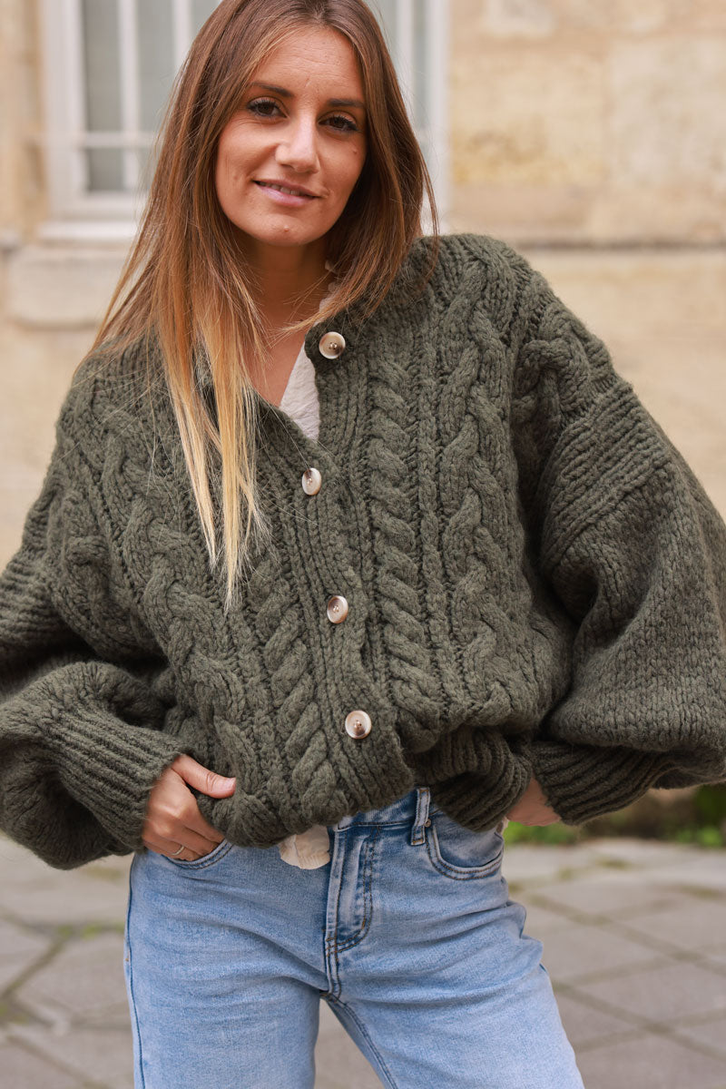 Olive Chunky Cable Knit Cardigan