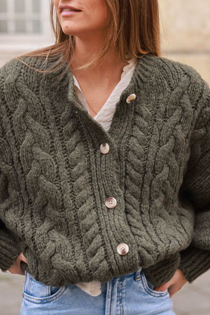 Olive Chunky Cable Knit Cardigan