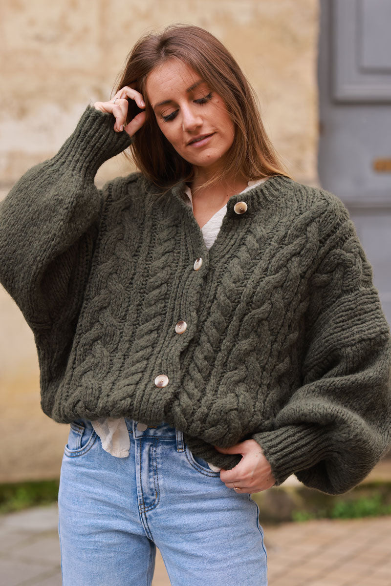 Olive Chunky Cable Knit Cardigan