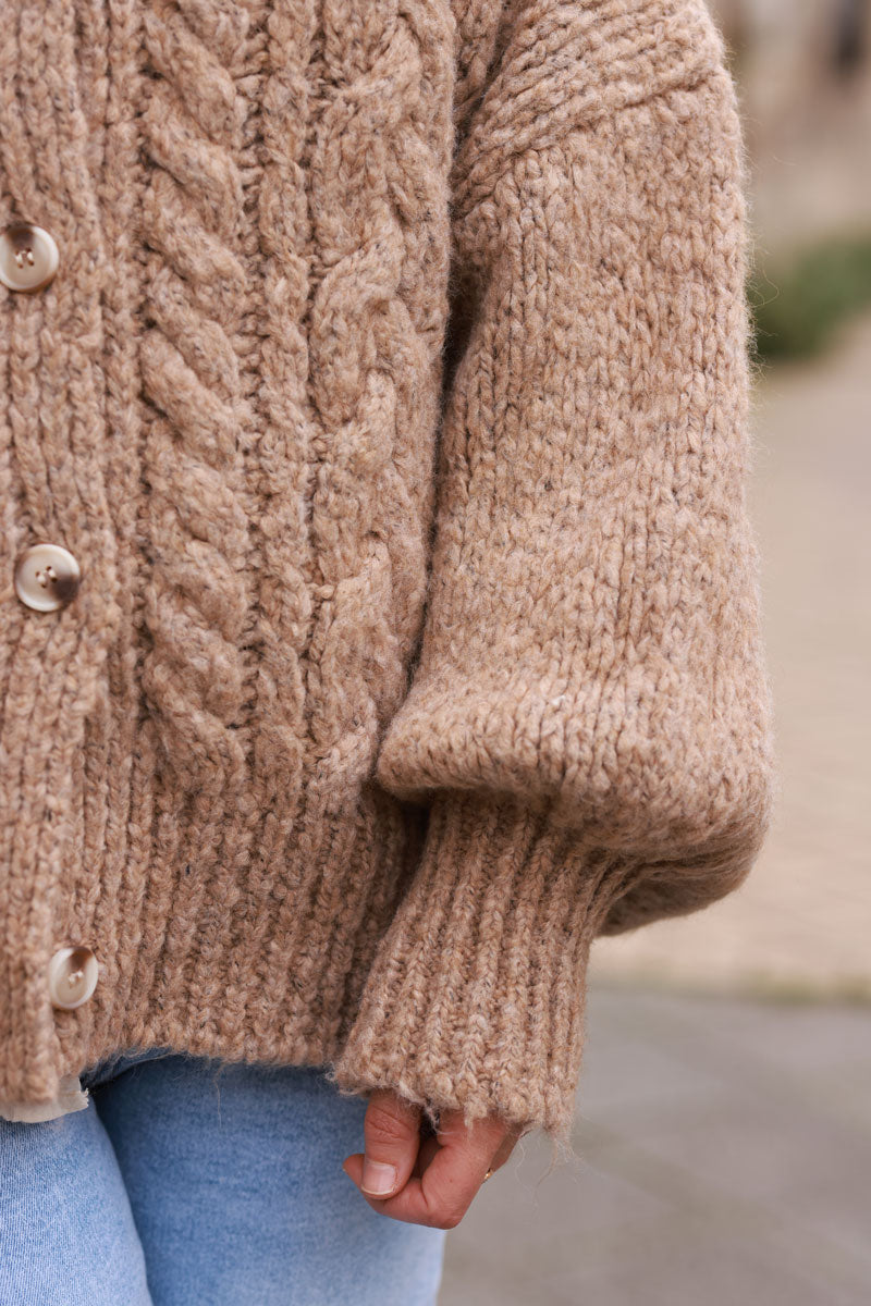 Brown Chunky Cable Knit Cardigan