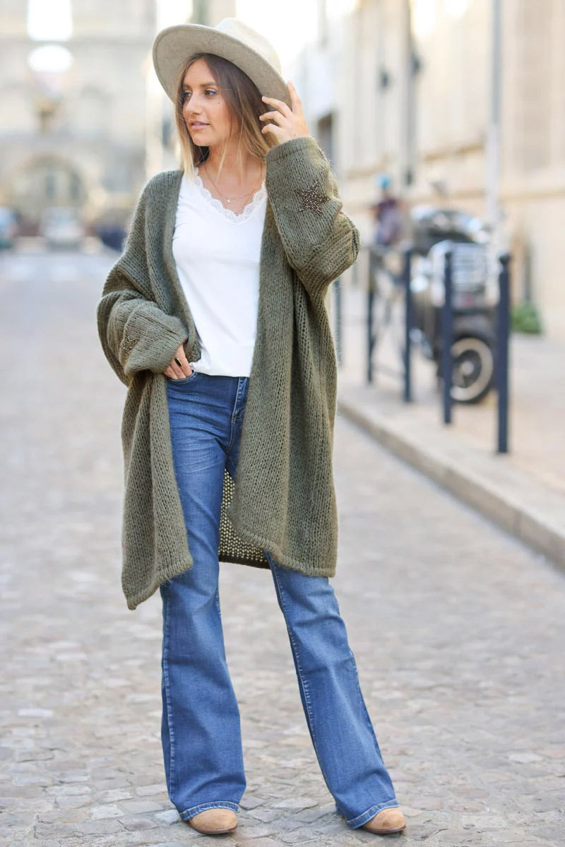Olive Drop-Sleeve Knit Duster with Star Studded Cuffs