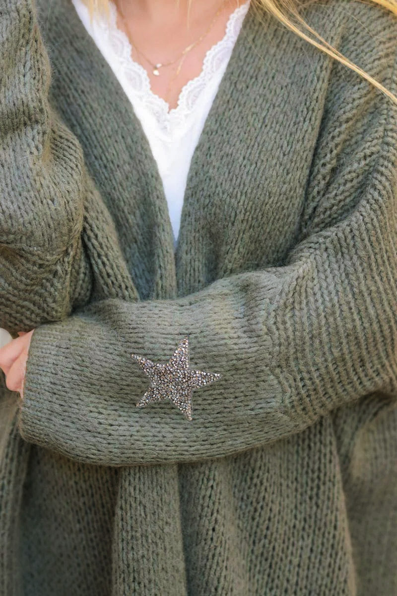Olive Drop-Sleeve Knit Duster with Star Studded Cuffs