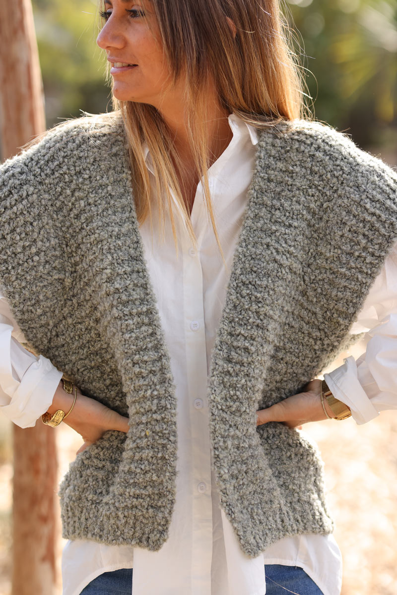Khaki sleeveless open cardigan in chunky cosy knit