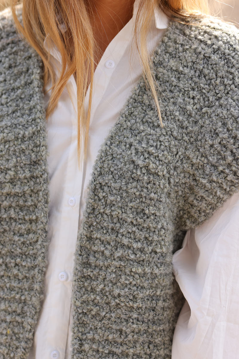 Khaki sleeveless open cardigan in chunky cosy knit