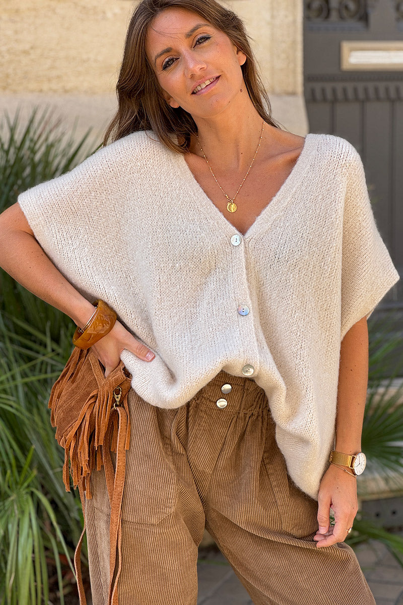 Gilet large et loose beige sans manches en maille kid mohair boutons nacrés