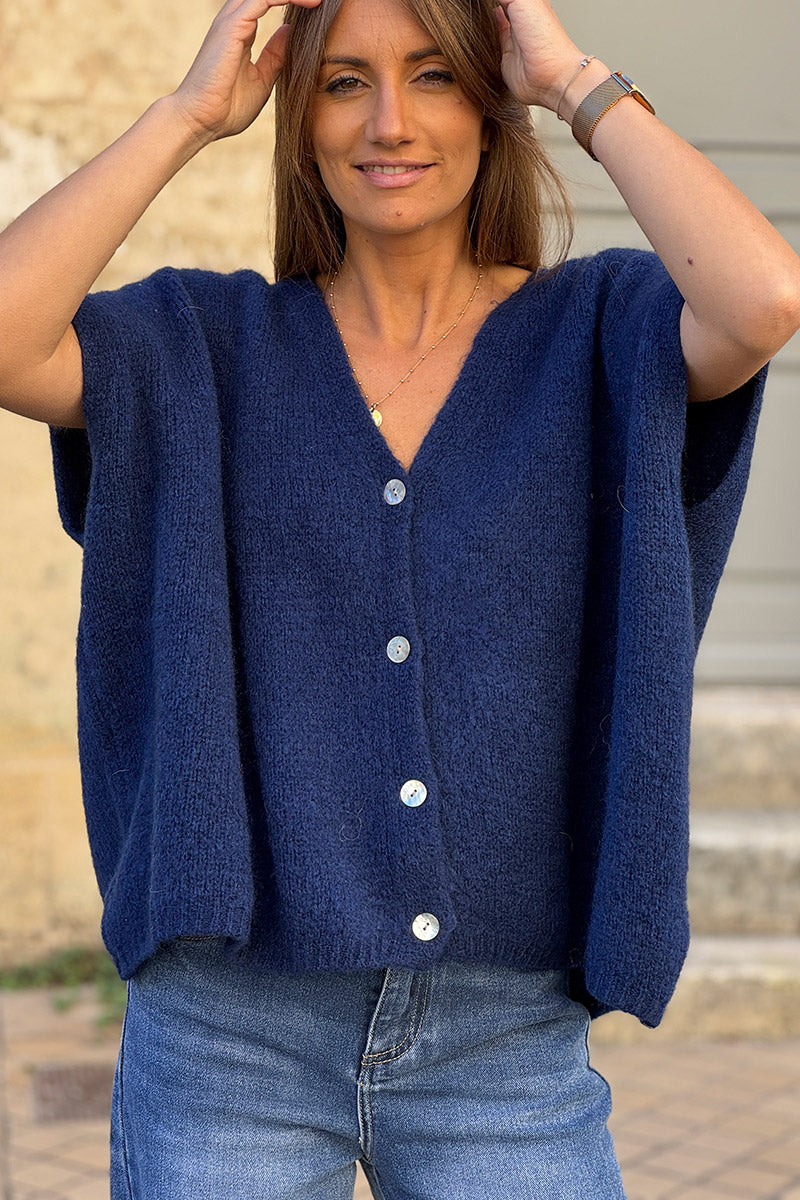 Gilet large et loose bleu marine sans manches en maille kid mohair boutons nacrés