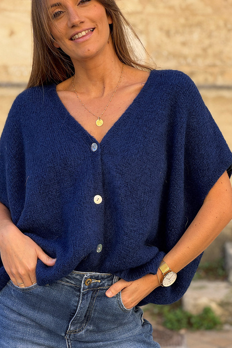 Gilet large et loose bleu marine sans manches en maille kid mohair boutons nacrés