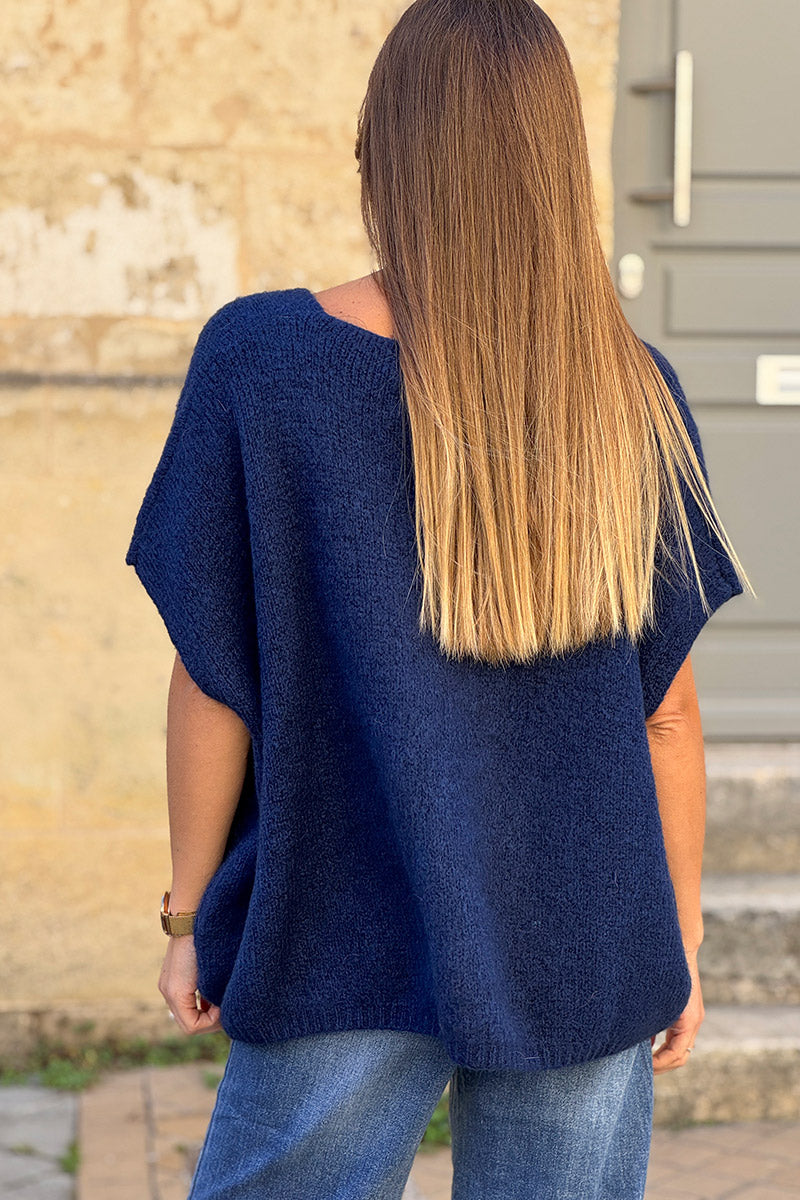 Gilet large et loose bleu marine sans manches en maille kid mohair boutons nacrés