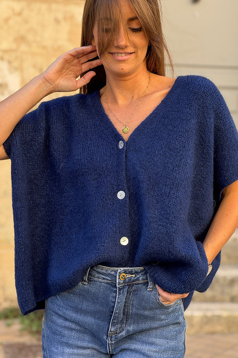 Gilet large et loose bleu marine sans manches en maille kid mohair boutons nacrés