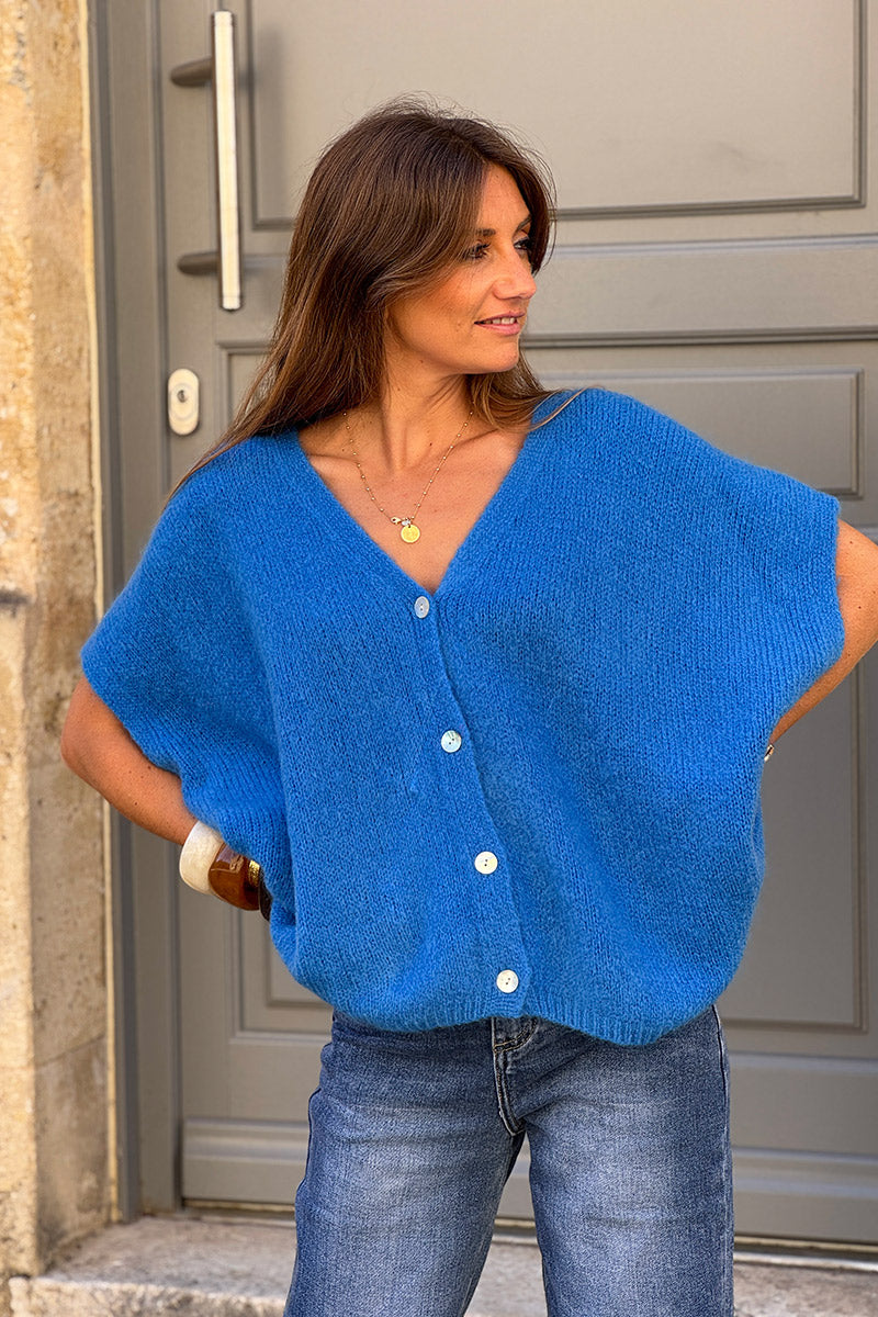 Gilet large et loose bleu roi sans manches en maille kid mohair boutons nacrés