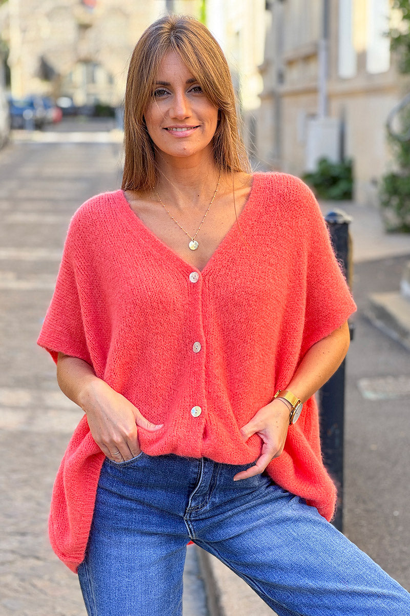Gilet large et loose corail sans manches en maille kid mohair boutons nacrés