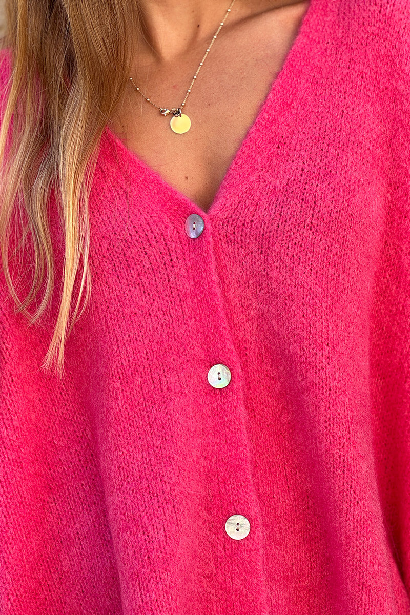 Gilet large et loose fuchsia sans manches en maille kid mohair boutons nacrés