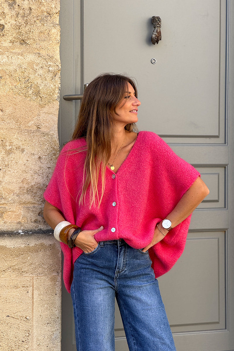 Gilet large et loose fuchsia sans manches en maille kid mohair boutons nacrés
