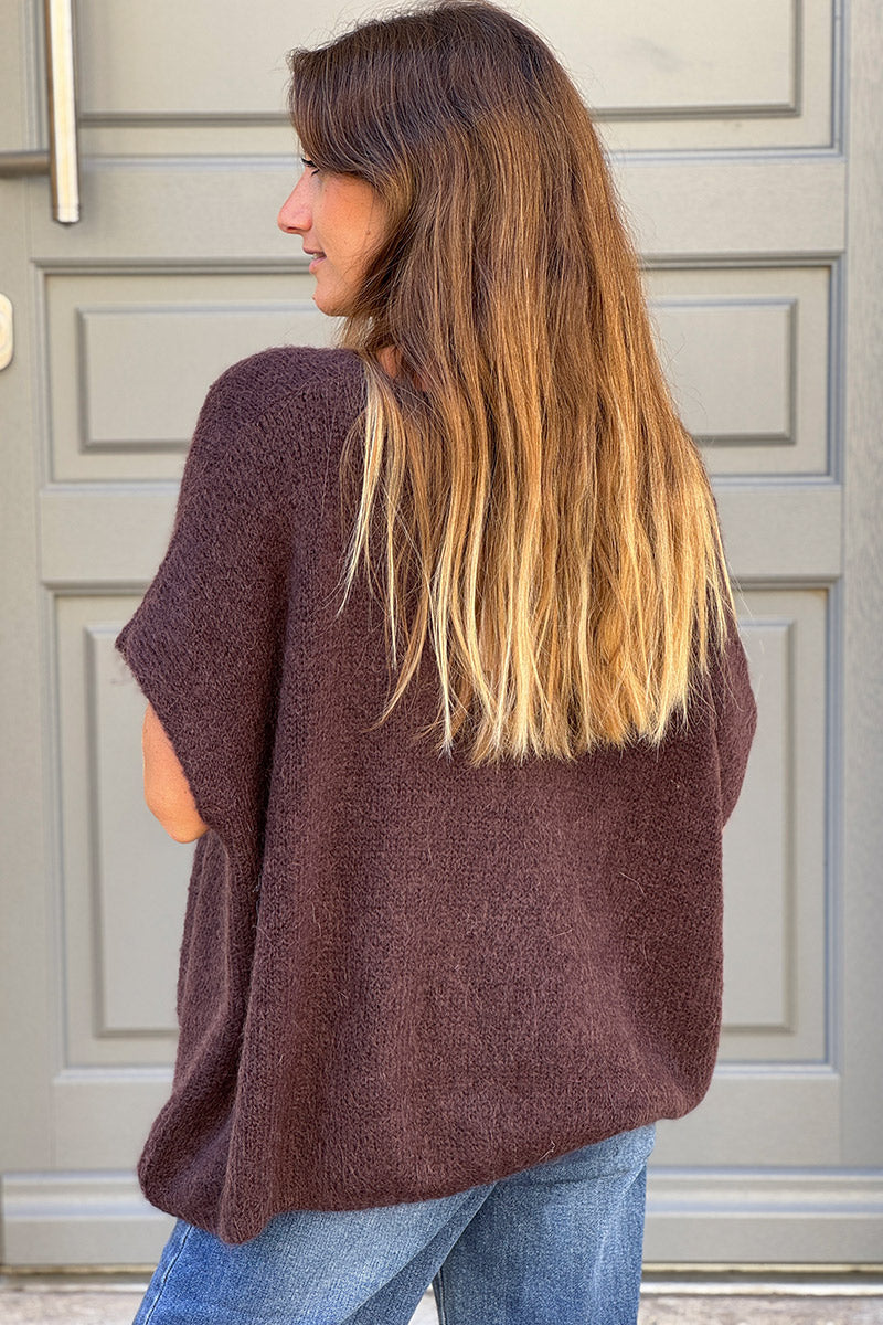 Gilet large et loose marron sans manches en maille kid mohair boutons nacrés
