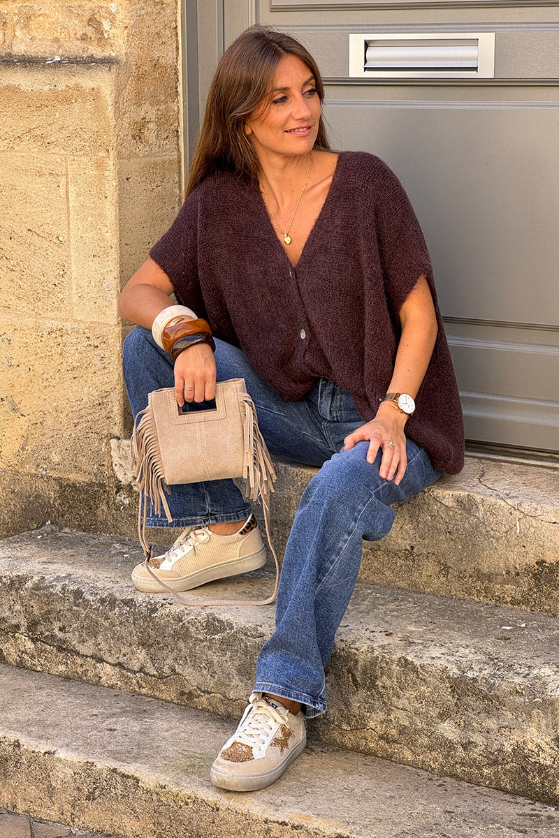 Gilet large et loose marron sans manches en maille kid mohair boutons nacrés