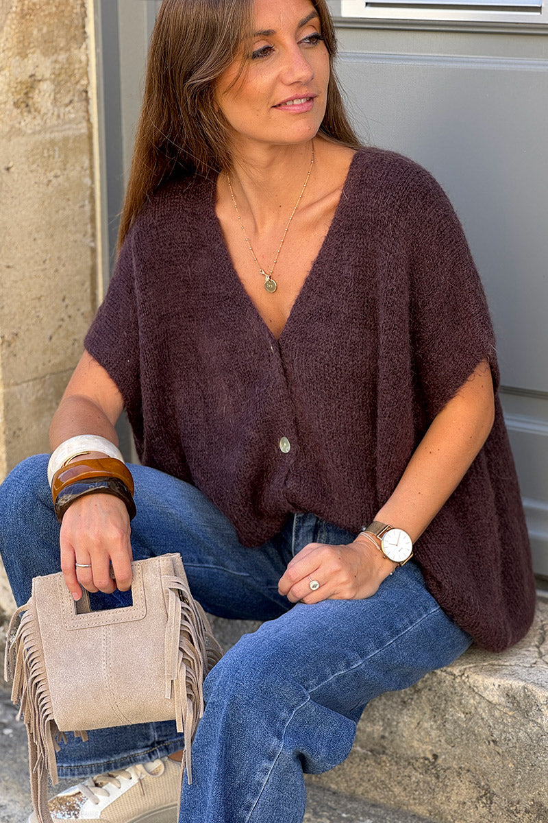 Gilet large et loose marron sans manches en maille kid mohair boutons nacrés