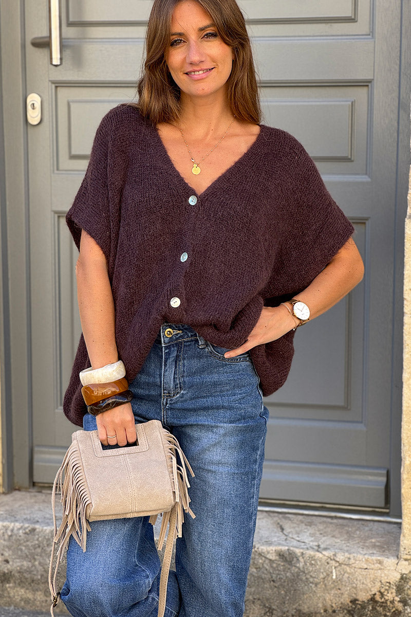 Gilet large et loose marron sans manches en maille kid mohair boutons nacrés