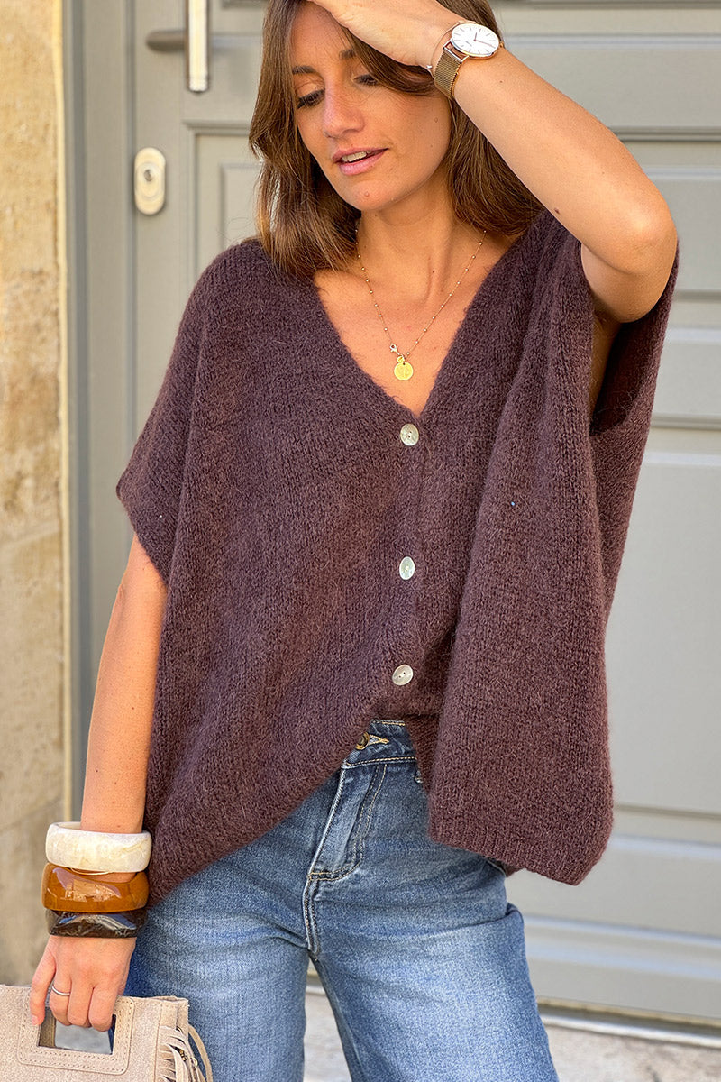 Gilet large et loose marron sans manches en maille kid mohair boutons nacrés
