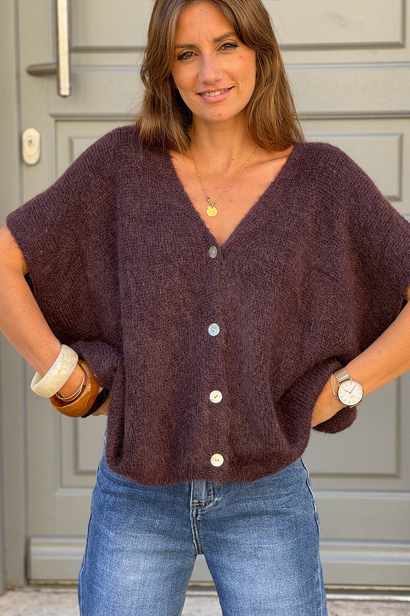 Gilet large et loose marron sans manches en maille kid mohair boutons nacrés