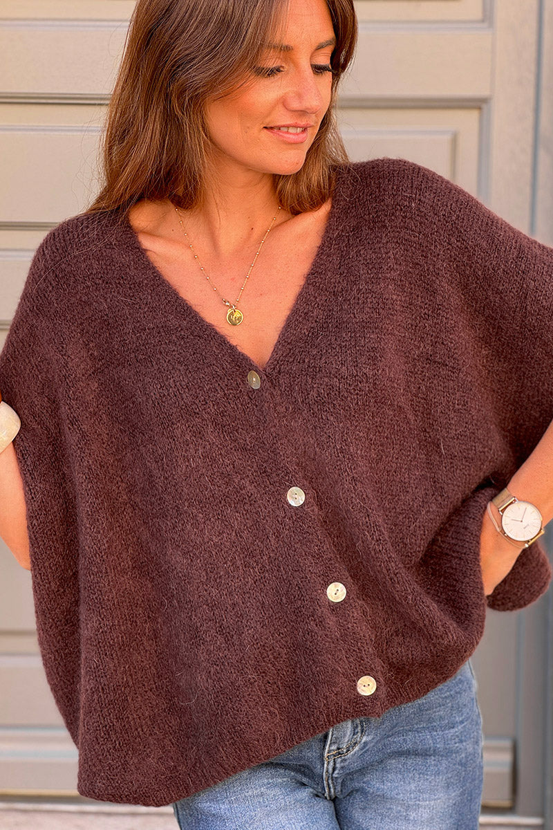 Gilet large et loose marron sans manches en maille kid mohair boutons nacrés