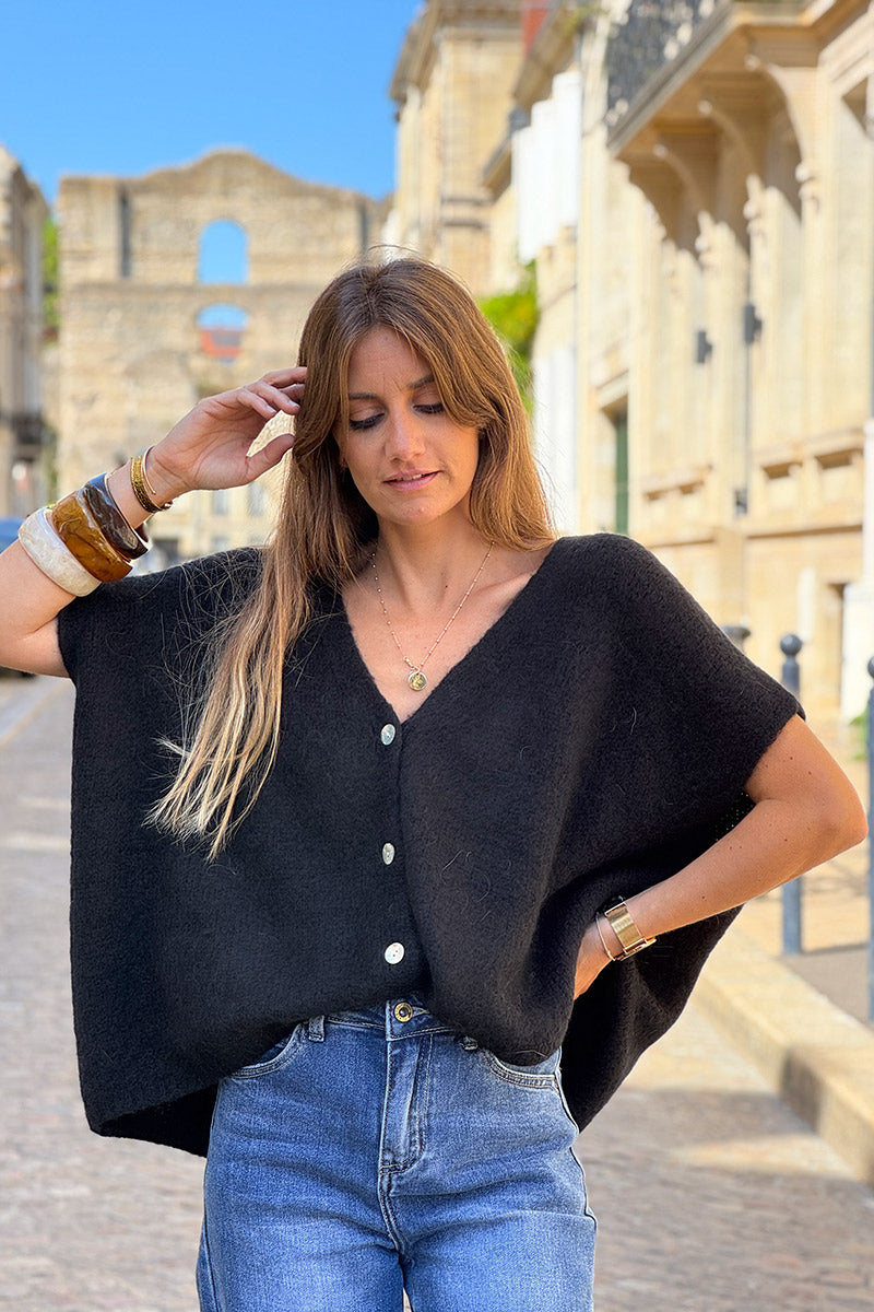 Gilet large et loose noir sans manches en maille kid mohair boutons nacrés