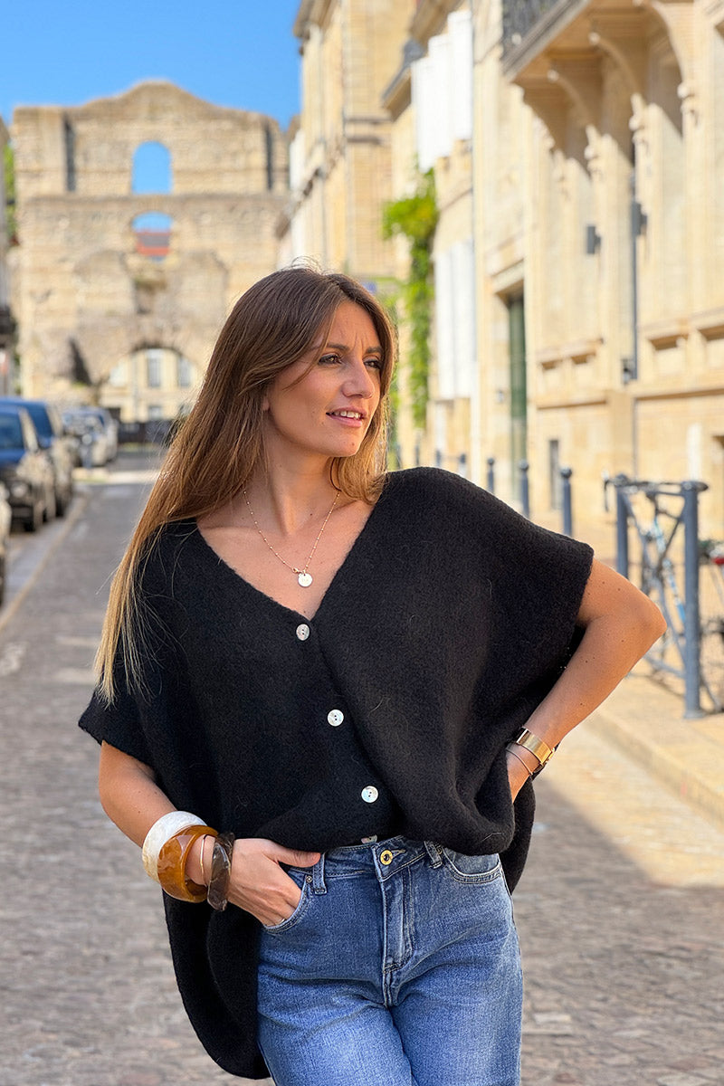 Gilet large et loose noir sans manches en maille kid mohair boutons nacrés