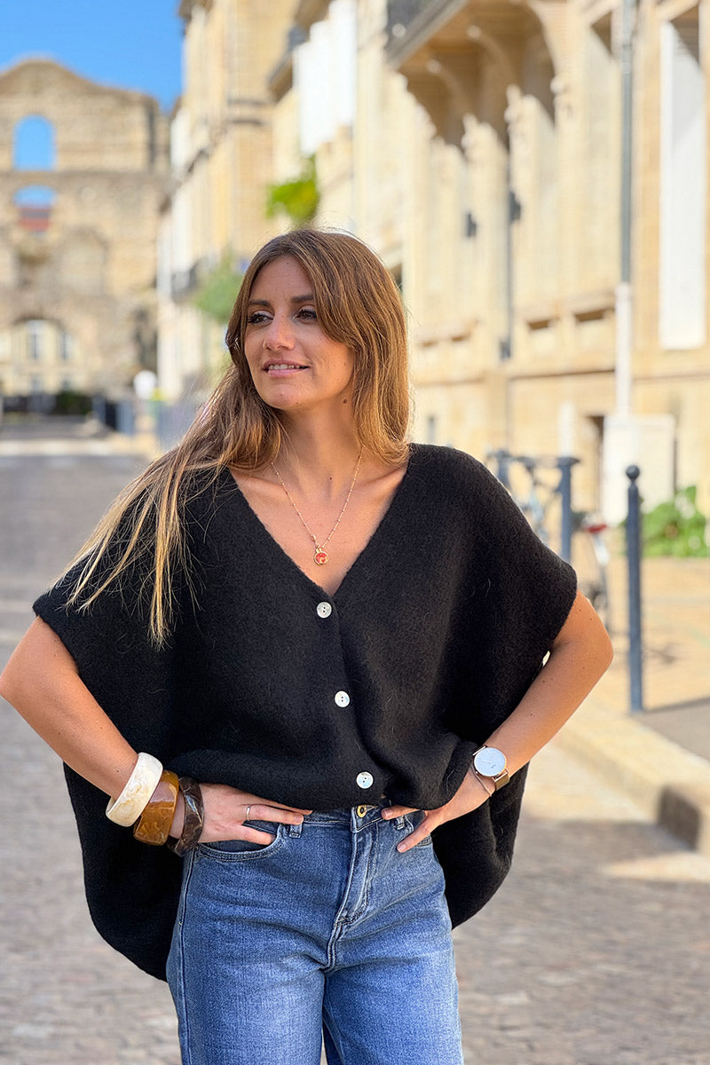 Gilet large et loose noir sans manches en maille kid mohair boutons nacrés