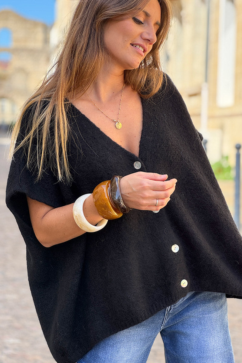 Gilet large et loose noir sans manches en maille kid mohair boutons nacrés