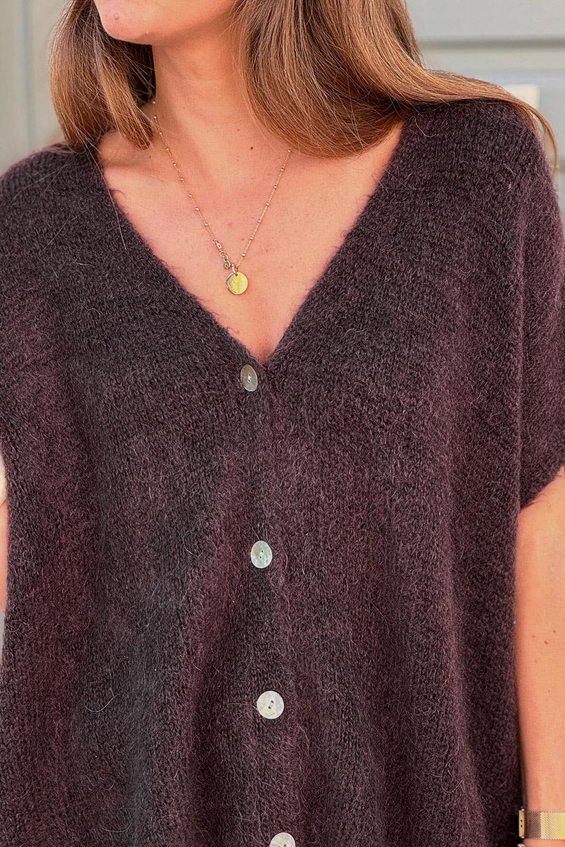 Gilet large et loose marron sans manches en maille kid mohair boutons nacrés